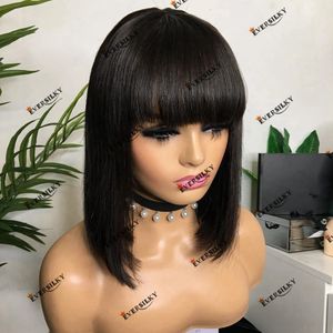 Jet Black Full Lace Wigs 100% Human Hair Short Bob Silky Straight Transparent HD Lace Front Wig 360 Lace Frontal Remy Indian Hair Fringe Bangs Wig for Women