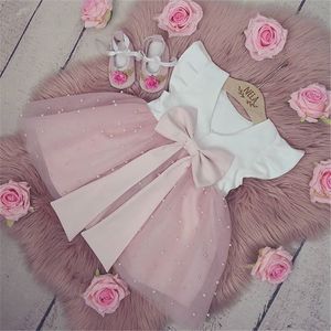 Girls Dresses 05Y Summer Princess Infant Baby Dress Ruffles Sleeve Solid Pearl Lace Patchwork Back Bowknot Tutu 230607