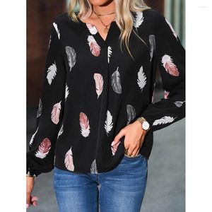 Women's T Shirts 2023 Women's V -neck Feather Printed Long Sleeves Loose -shirt Top