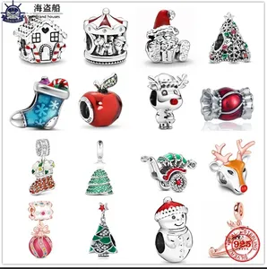 För Pandora Charms Authentic 925 Silver Beads Bead Glitter Christmas Tree Reindeer Snowman Sweet Home