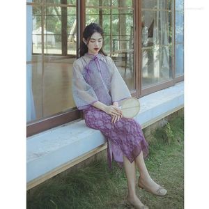 Ethnic Clothing French Lace Cheongsam Tops Elegant Purple Halter Dress 2 Piece Set Women Ao Dai Vietnam Vestido Chinese Online Store