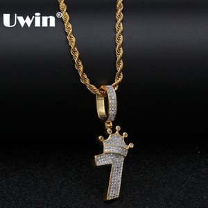 Pendant Necklaces Uwin Bling Number 7 With Crown Necklace For Men Full Iced Cubic Zircon Charm Silver-plate Chain Pendant Hiphop Jewelry 230607