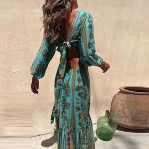 Abiti casual Summer Bohemian Stampato Long Beach Women Backless Lace-Up Bow Holiday Boho Dress Sexy Deep-V Hollow Out Waist Maxi