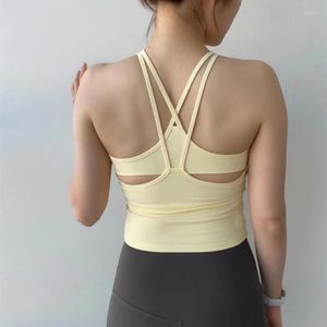 Yoga outfit sommar sexig bakre tank tops kvinnor fitness skörd topp vadderad träning ärmlös sport för gymmet tunn rand som kör väst