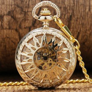 Steampunk Antique Black Gold Bronze Skeleton Hand-Winding Mechanical Watches Mens Womens ClockFob Pendant Chain Gift223n