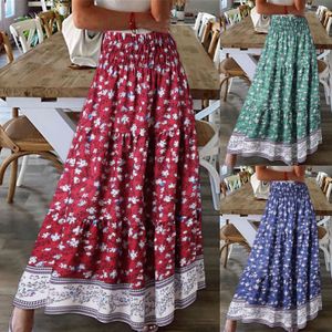 Skirts Summer Women Floral Skirt Boho Long Female Fashion Plus Size Wrinkle Dresses Casual Beach For 230607