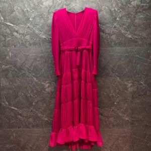 Casual Dresses 2023 Spring Designer Fashion Rose Red Dress Women Long-Sleeve Pleated Elegant Maxi XXL With Belt