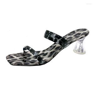 Pantofole Sexy Tacchi alti Leopard Women Summer Mules 2023 Design retrò Clear Open Toes Sandali da donna Taglie forti