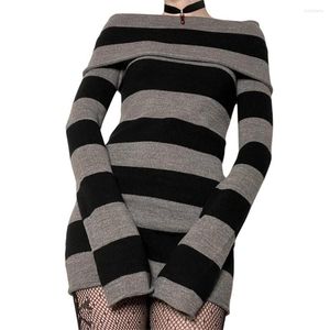 Casual Kleider Harajuku Goth Mall Streifen Strickkleid Frauen Langarm Off-Schulter, figurbetonter Pullover Vintage Ästhetische Y2k Grunge Kleidung