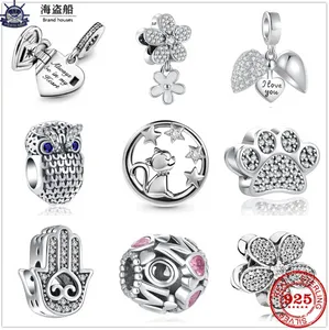 Dla Pandora Charms Authentic 925 Srebrne koraliki ścieg z koralikiem Palm Dog Paw Owl Cat Mom I Love You Bransoletka Charm