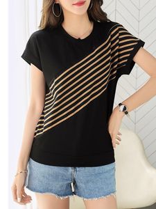 T-Shirts Lady 2022 Yaz Camel Siyah Slanted Stripes Batwing kollu pamuk tişört kadınlar oneck zarif tshirt gündelik kadın moda üstü