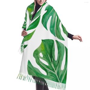 Cachecóis Lenço com Borla Grande 196 68cm Pashmina Inverno Quente Xale Envoltório Bufanda Feminino Verde Monstera Folhas Caxemira