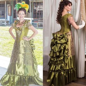 Olivgrüne Abendkleider, viktorianisches Bustle-Kostüm, kurze Ärmel, Falten, Rüschen, Korsett, Abschlussball-Party-Kleider aus dem Gilded Age