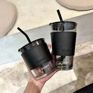 マグカップ350ml 450mlクリエイティブガラスコーヒーストローカップ蓋付きウォーターボトルビールティードリンクウェアカップルマグ230607