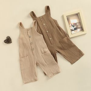 Rompers Children Baby Girls Boys Solid Color Jumpsuit Square Collar Sleeveless Buttondown Suspender Trousers Brown Khaki 230607