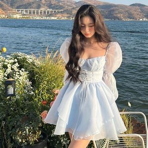 Vestidos casuais Light Blue Sweet Kawaii Mini Dress Korea Elegant Fashion Womens Fairy Princess Sleeves Chic Summer 2023 One Piece
