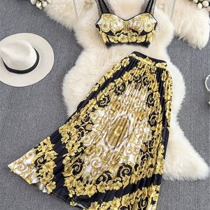 Abito a due pezzi Gold Summer Fashion Designs Gonne Set Abiti Indie Folk Stampa Pezzi sexy Top corto in pizzo Gonna a pieghe 230608