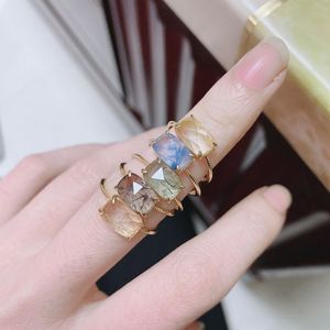 Полосы колец ламун натуральное rutilated Quartz Ring для женщин Gemstone 925 Серебряное 14K Светло -золото.