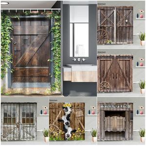 Shower Curtains Vintage Old Wooden Door Shower Curtain Farm Barn Plant Board Windows Brick Wall Retro Bath Curtains Modern Fabric Bathroom Decor 230607