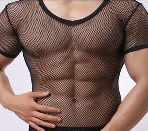 Lässige, solide, enge, sexy Herren-Fitness-Super-Thin-Shapewear, transparentes Netz, durchsichtig, kurzärmeliges T-Shirt, Tops, T-Shirts, Unterhemd1391412