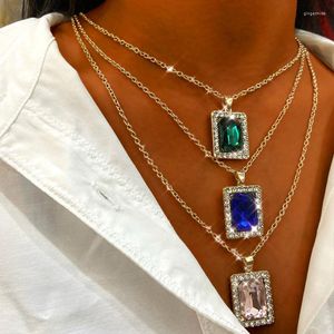 Chains Fashion Red Green Square Crystal Pendant Necklace For Women Men Gold Color Twisted Chain Choker Luxury Jewelry Gift