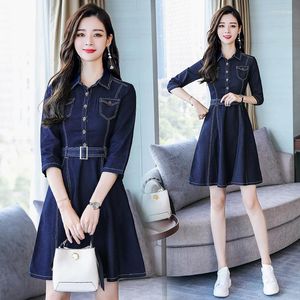 Casual Dresses Women Spring Summer Long Sleeve Slim Denim Female Lapel Solid Color Button Cardigan A Line Jeans Dress Miniskirt