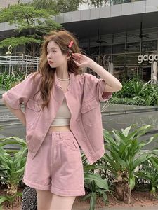 Women's Tracksuits GUUZYUVIZ 2 Piece Shorts Set Summer Loose Short Sleeve Denim Shirt Coat And Casual High Waist Curl Wide Leg Jeans