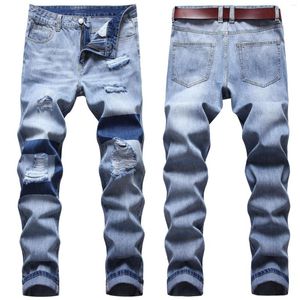 Męskie dżinsy w paski do dziury letnia marka cienkiej marki zrujnowana jesienna jeansowa dżinsowa męskie spodnie plus wielkości szczupłe dopasowanie