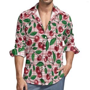 Men's Casual Shirts Red Cherry Print Shirt Pink Plaid Long Sleeve Custom Street Style Blouses Spring Trending Oversize Clothing