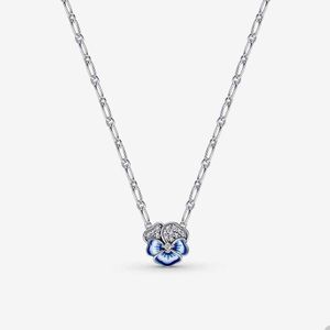 925 Sterling Silver Chain Necklace for Pandora Blue Pansy Flower Pendant Necklaces designer Jewelry For Women Gift Wedding Party necklace with Original Box Set