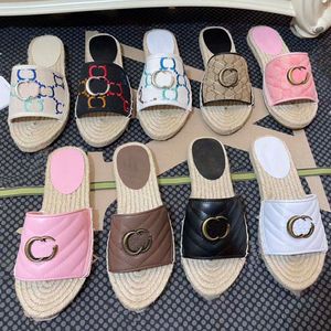 Geflochtene Strohsohlen-Hausschuhe für Damen, klassische Wohnungen, dicker unterer Absatz, Sommer, faule Designer-Mode, Flip-Flops, gestepptes Leder, Damen-Slides