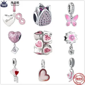 Per i ciondoli pandora autentici perline in argento 925 punto braccialetto B a forma di cuore con farfalla rosa rosa
