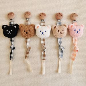 Mobiler# Ins Cute Bear Wood Soother Clips Baby Pacifier Holder Plaid Anti Drop Chain Born Nipples Pacifier Dummy Clip med Dust Bag 230607