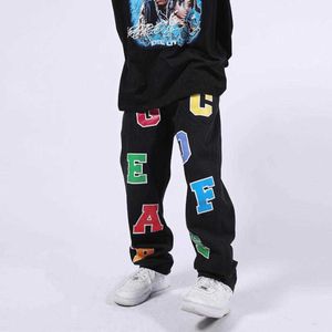 Men's Jeans Man High Street Color Letter Printed Male Vibe Straight Loose Oversize Casual Denim Trousers Couple Retro Hip Hop Jean Pants