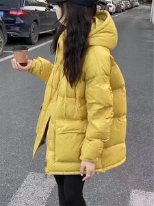 Trench Coats Feminino Inverno Down Coat Feminino Coreano Solto Cordão com Capuz Parka 2023 Moda Grosso Calor Amarelo Rosa Bolsos Grandes Pão