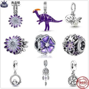 För Pandora Charms Authentic 925 Silver Beads New Snowflake Circle Purple Glow-in-the-Dark Firefly Armband Charm