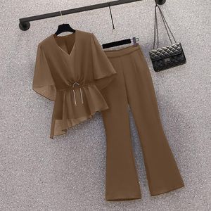 Women's Tracksuits Womens Two Piece Sets Outfit Vintage Casual Chiffon Top & Pants Set With Belt Fashion 2023 Summer Casua 2 Pieces Suit