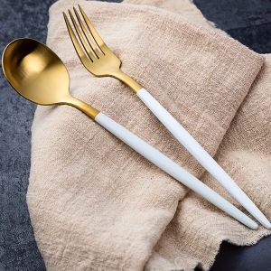 Portugal pointed tail cutlery knife and fork spoon Hotel 304 stainless steel western tableware The white handle golden flatwar factory outlet