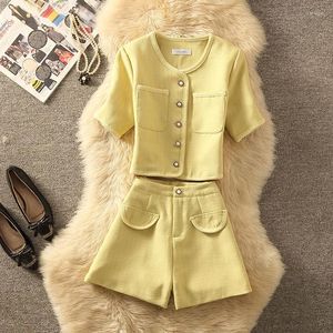 Women's Tracksuits Women Elegant Chic Short Suit Shirt Pearl Buttons Top And Pant Two Piece Set Ladies Matching Outfit 2023 Summer Clothing