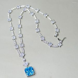 Chains 15mm Square Aquamarine Blue High Carbon Diamond Tennis Chain Necklaces Sparkling Wedding Party Jewelry For Women Gift Wholesale
