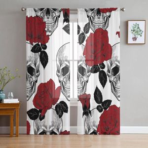 Curtain Red Roses Skulls Flower Tulle Curtains For Living Room Bedroom Kitchen Decoration Chiffon Sheer Voile Window Kids Drape