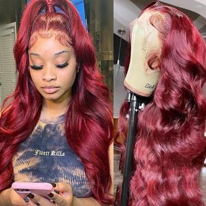 Röd peruk Burgandy Human Hair Wigs Long Body Wave Spets Frontal Preplucked Hairline for Women Colored