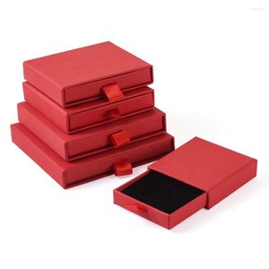 Smyckespåsar 5st Red Cardboard Box Square Drawer Organizer utdragning för halsband örhänge Ring Alla hjärtans presentpaket