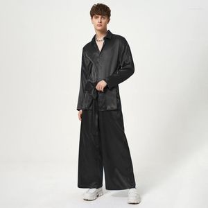 Tute da uomo INCERUN Moda Uomo Imposta Tinta unita Raso Sciolto Risvolto Camicia a maniche lunghe con lacci Pantaloni 2 pezzi Streetwear 2023 Abiti casual