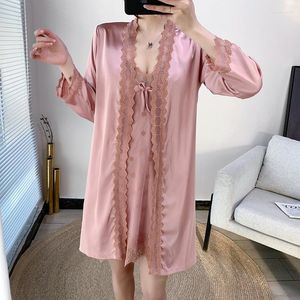 Women's Sleepwear Bridal Wedding Robe Set Lady Lace Kimono Bath Gown Satin Intimate Lingerie Sexy Chemise Nightgown Bridesmaid 2PCS Bathrobe