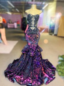 Lantejoulas roxas longo sereia vestidos de baile para menina negra plus size trem varredura cabido noite festa de aniversário formal vestidos de gala