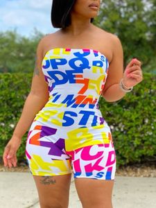 Kvinnor Jumpsuits Rompers LW Multicolor Strapless Bodysuits Off the Shoulder Letter Print Romper Boho Sexig Stretch Y2K Summer 230608