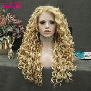 Koronkowe peruki immstyle blond złota mieszana peruka kręcona syntetyczna przednia błonnik przeciwpałszowy dla kobiet cosplay 230609