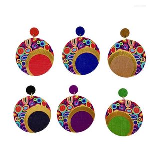 Dangle Earrings Wood Printed Round Fashion Colorful Exaggerated Geometric Pattern Large Jewelry For Women