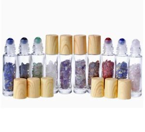 10ml Essential Oil Diffuser Clear Glass Roll on Perfume Bottles with Crushed Natural Crystal Quartz Stone Quality